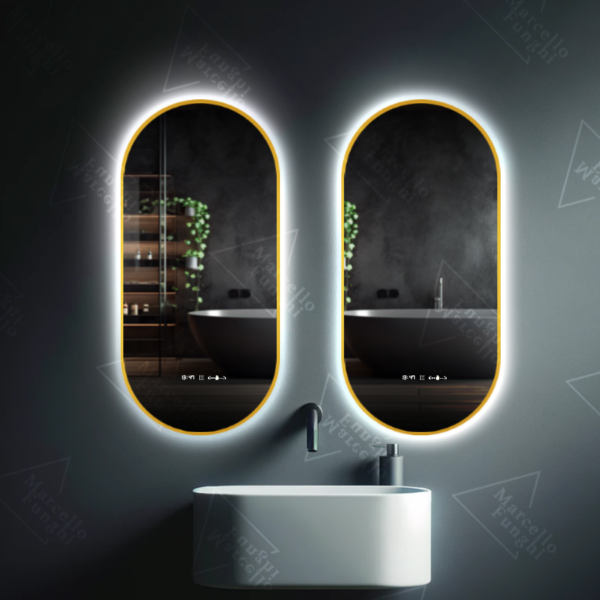 Oglinda LED Touch Revin Senzor Sistem Dezaburire Ceas Temperatura Rama Aurie 60x80 cm Colectia Marcello Funghi