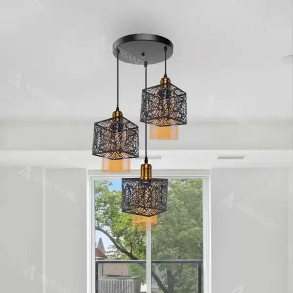 Pendul Floralis, 3*E27, Negru, Metal si Sticla