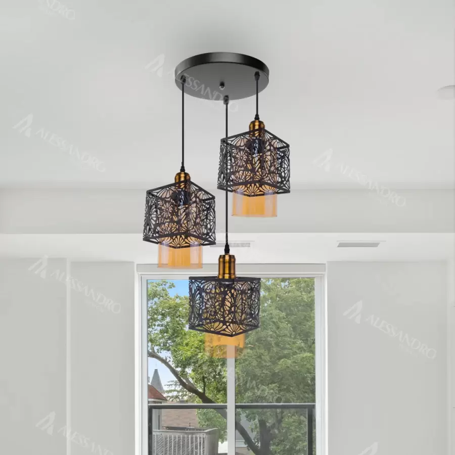 Pendul Floralis, 3*E27, Negru, Metal si Sticla