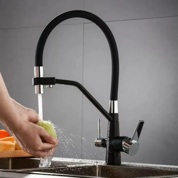 Baterie Bucatarie cu 3 Cai Pipa Flexibila Alama Sanitara Negru - imagine 2