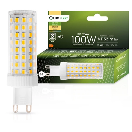Bec LED G9 12W(100W) 1152lm 3000K Lumină caldă 360° LUMILED