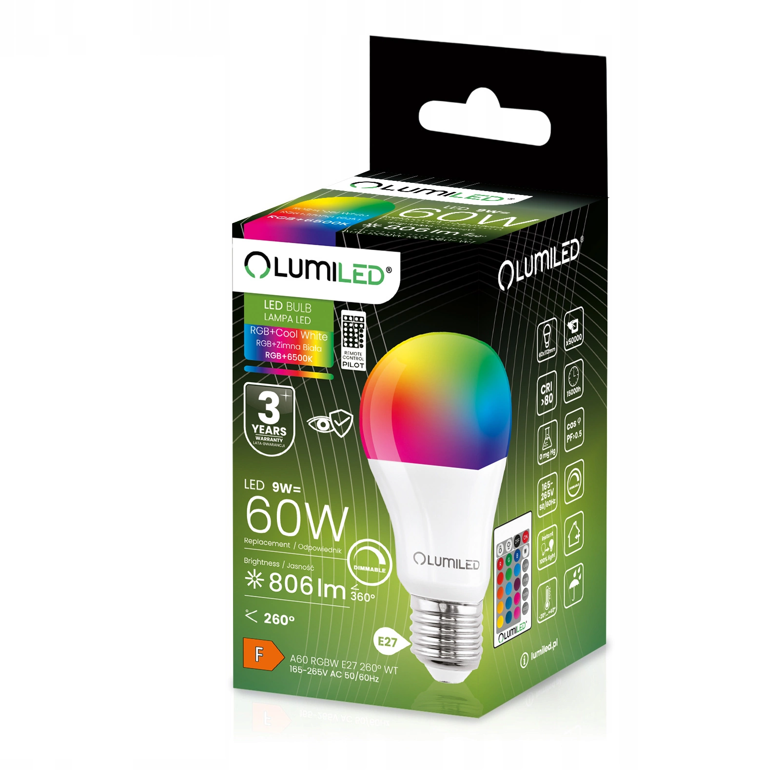 Bec LED E27 9W(60W) 806lm 3000K + RGB Multicolor Dimabil 260° Telecomandă LUMILED
