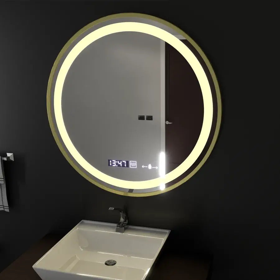 Oglinda LED Rotunda, 60cm, Celeste Royale Gold MotionGlow Marcello, Sistem Dezaburire, Ceas & Termometru, Dimabila