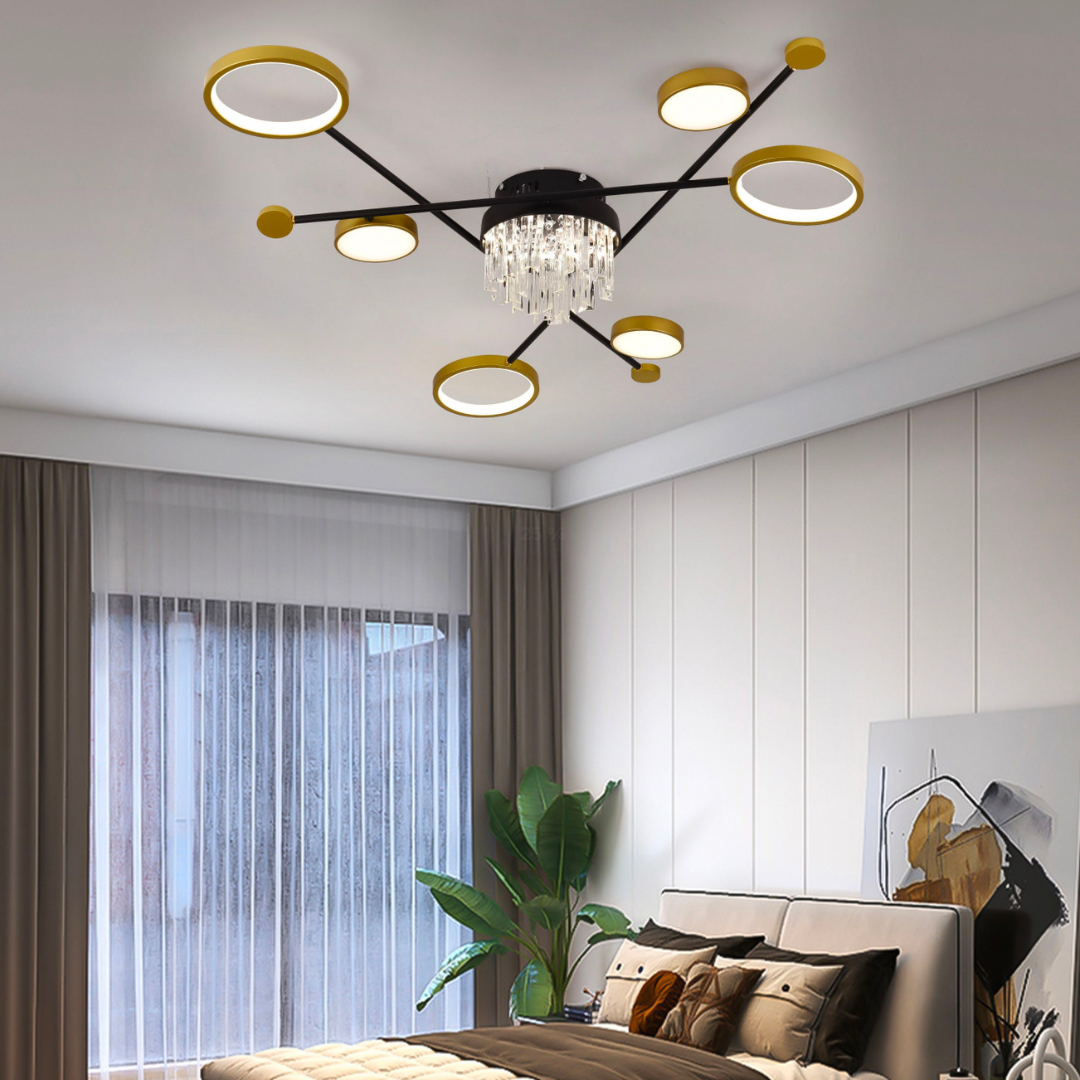 Lustra LED cu telecomanda si cristal GUIDA 38W, 6 Elemente, lumina Rece/Calda/Neutra, Dimabila, Negru Auriu