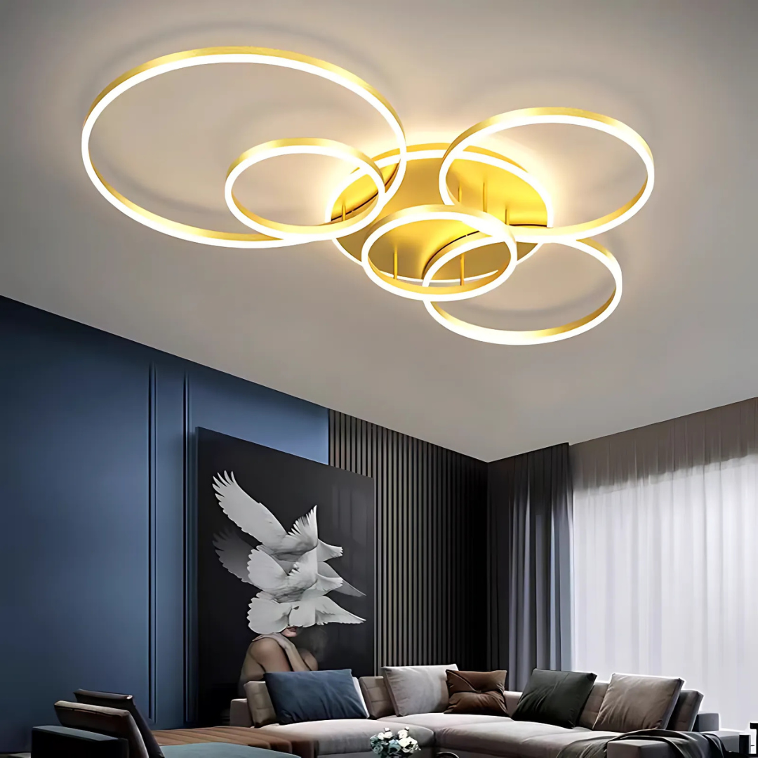 Lustra LED cu Telecomnda DARIO, 5 cercuri, 120W, Lumina Calda/Rece/Neutra, Dimabila, Auriu
