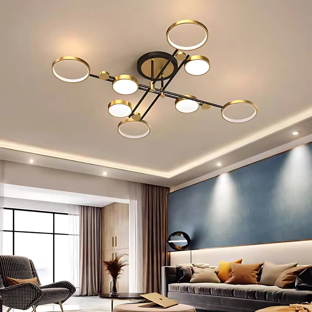 Lustra LED cu Telecomnda MARIA, 8 Elemente, 63W, Lumina Calda/Rece/Neutra, Auriu/Negru