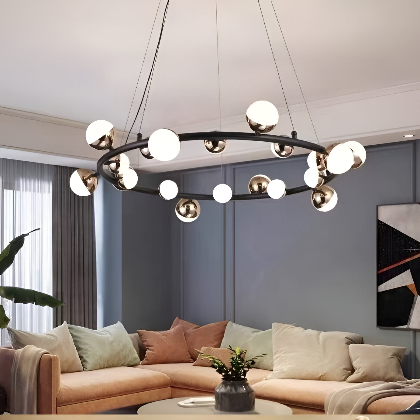 Lustra Suspendata LED Acril Estella cu Telecomanda, 30W, Dimabila, 3000K/4000K/6000K, Auriu, Metal si Acril