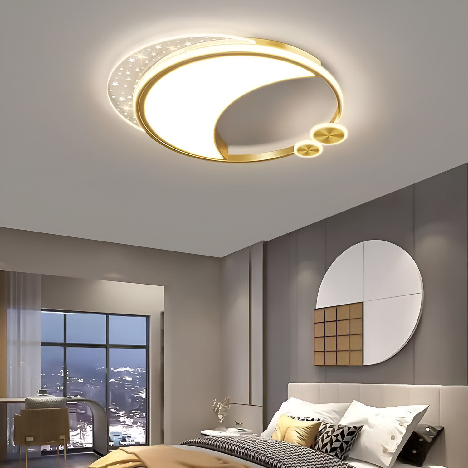 Lustra LED Marco cu Telecomanda, 76W, Dimabila, Auriu, Metal, Acril si Sticla, 3000K/4000K/6000K