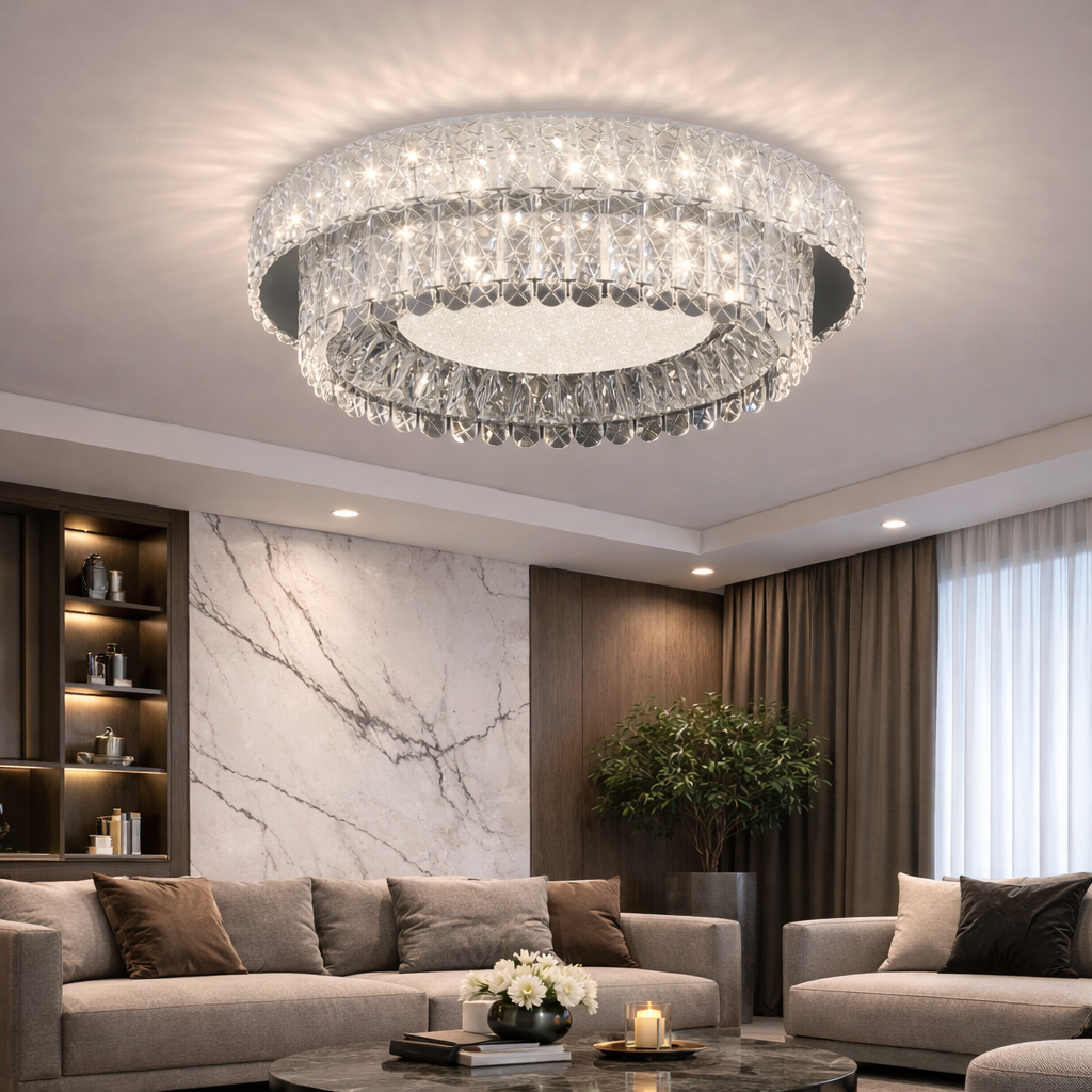 Lustra LED cu Telecomanda, LLC153/500CH, Cristal si Metal, 59W, 1 Cerc, Dimabila, Inaltime Reglabila, Lumina Rece/Calda/Neutra, Iluminat Luxos