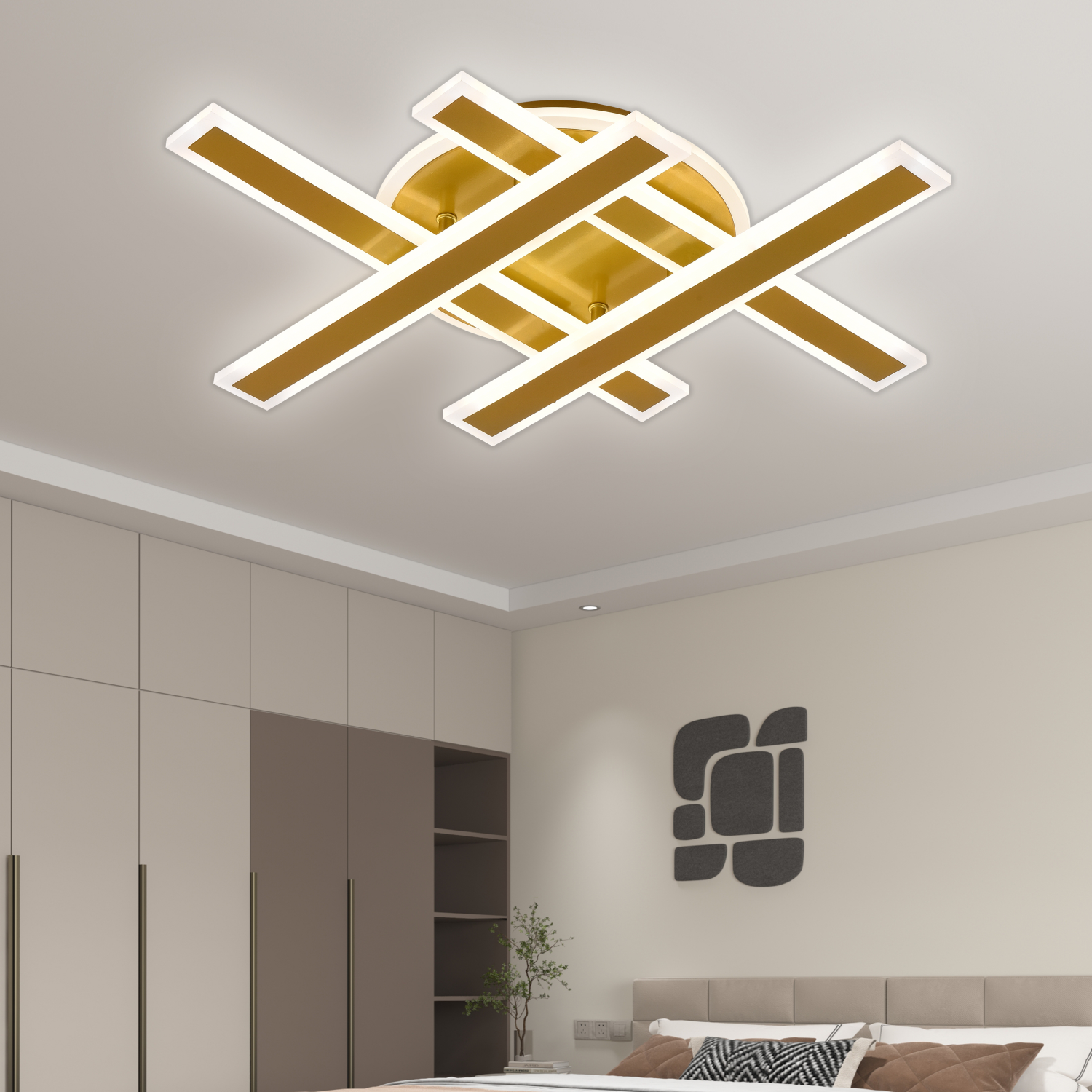 Lustra LED cu Telecomanda ZYRON Magno , 79W, 46×5.5×7.5, IP20, Lumina Rece/Calda/Neutra, Dimabila, Auriu, Metal, Plexiglas
