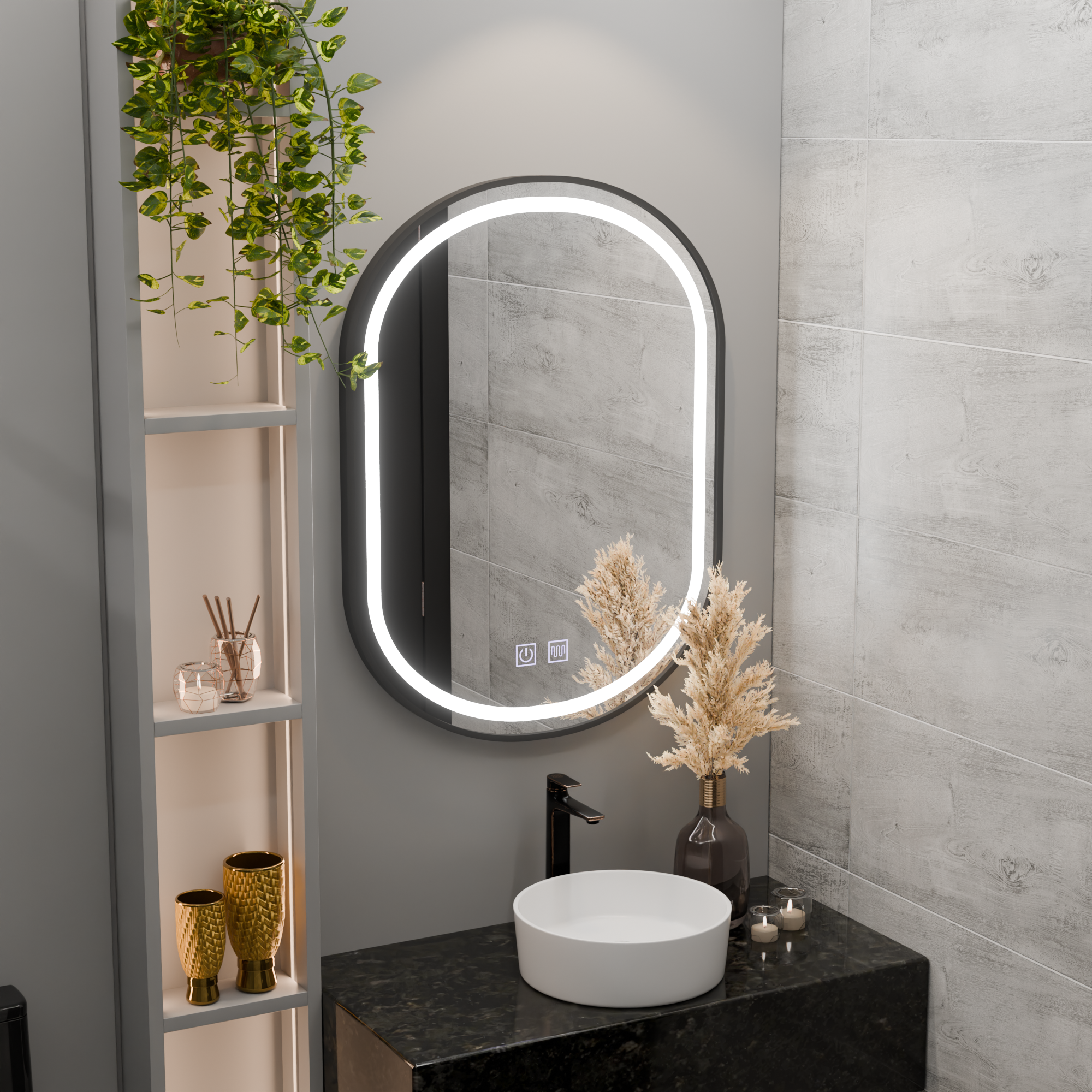 Oglinda LED Ovala 60x80cm VETRO Touch Sistem Dezaburire Dimabila, Rama Neagra