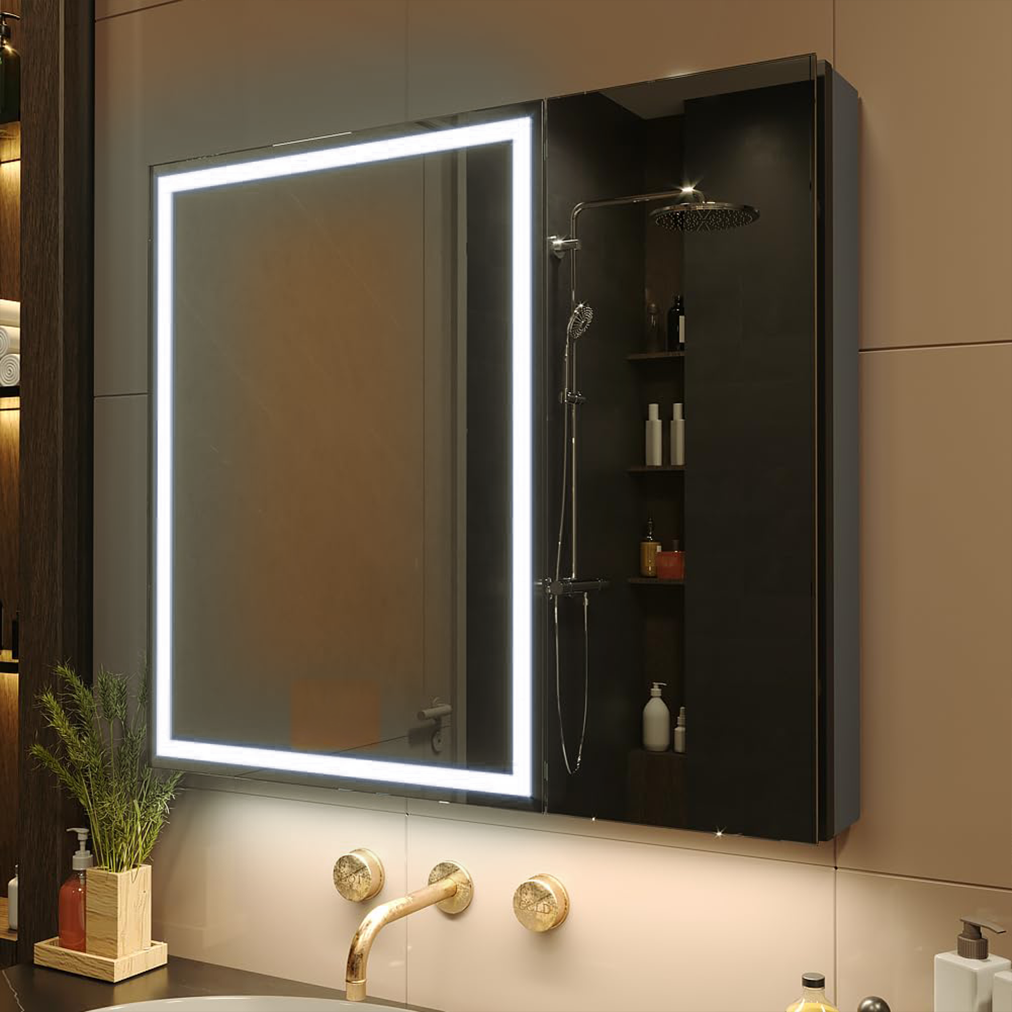 Oglinda LED cu Dulap STRATO 75x70 cm Negru Iluminare Completa si Depozitare Spatioasa - imagine 3