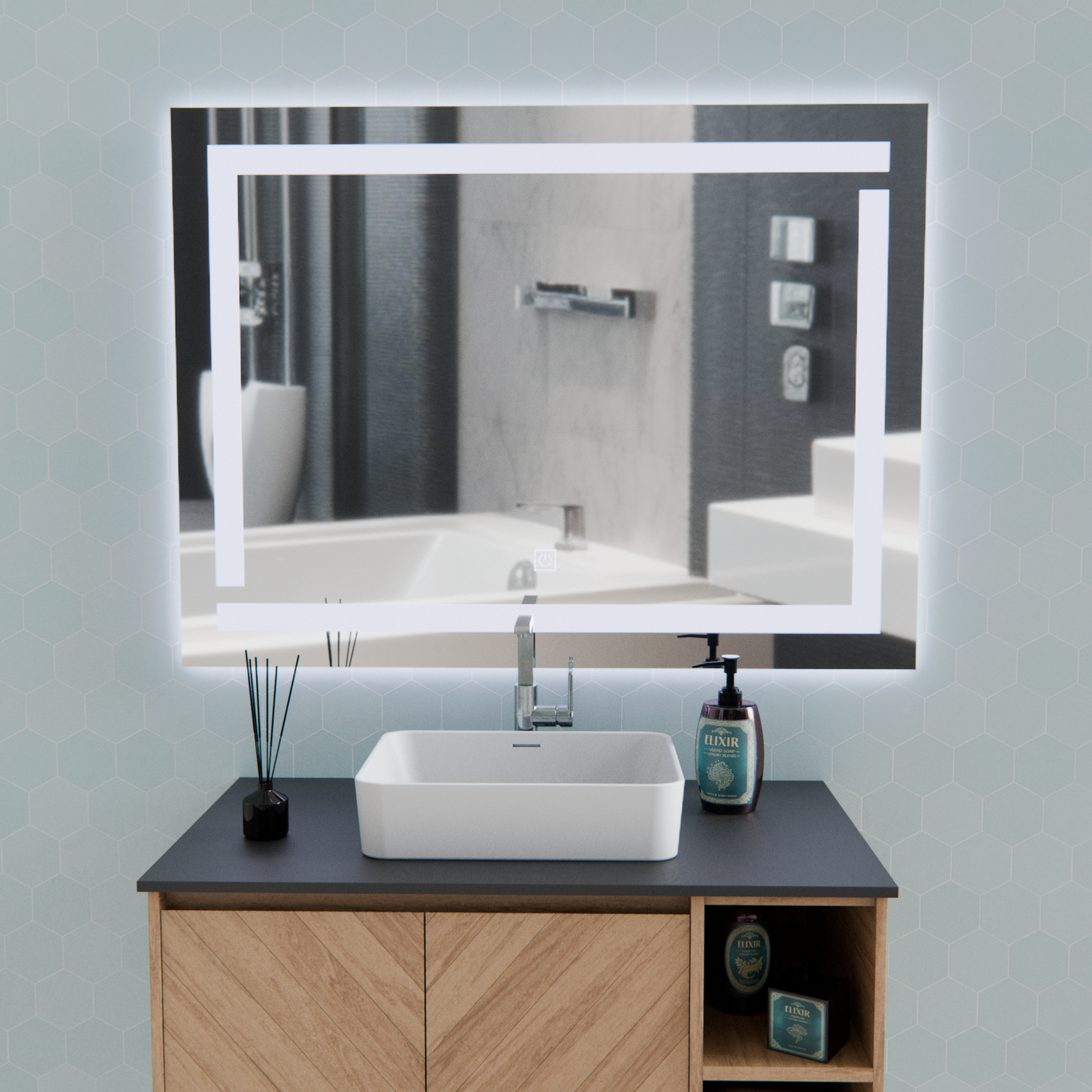 Oglinda LED Giga, 80x60cm, Argintiu, Touch, Lumina 6000K - imagine 3