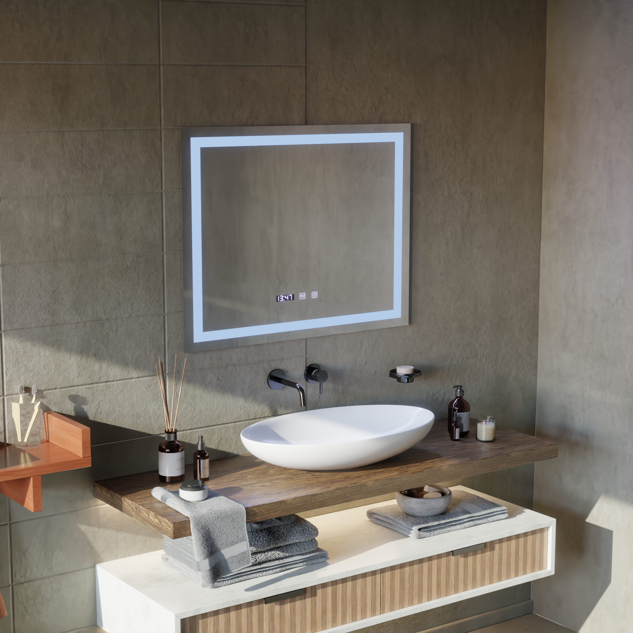Oglinda LED Touch MODENA Sistem Dezaburire, Ceas si Temperatura 80×60 cm