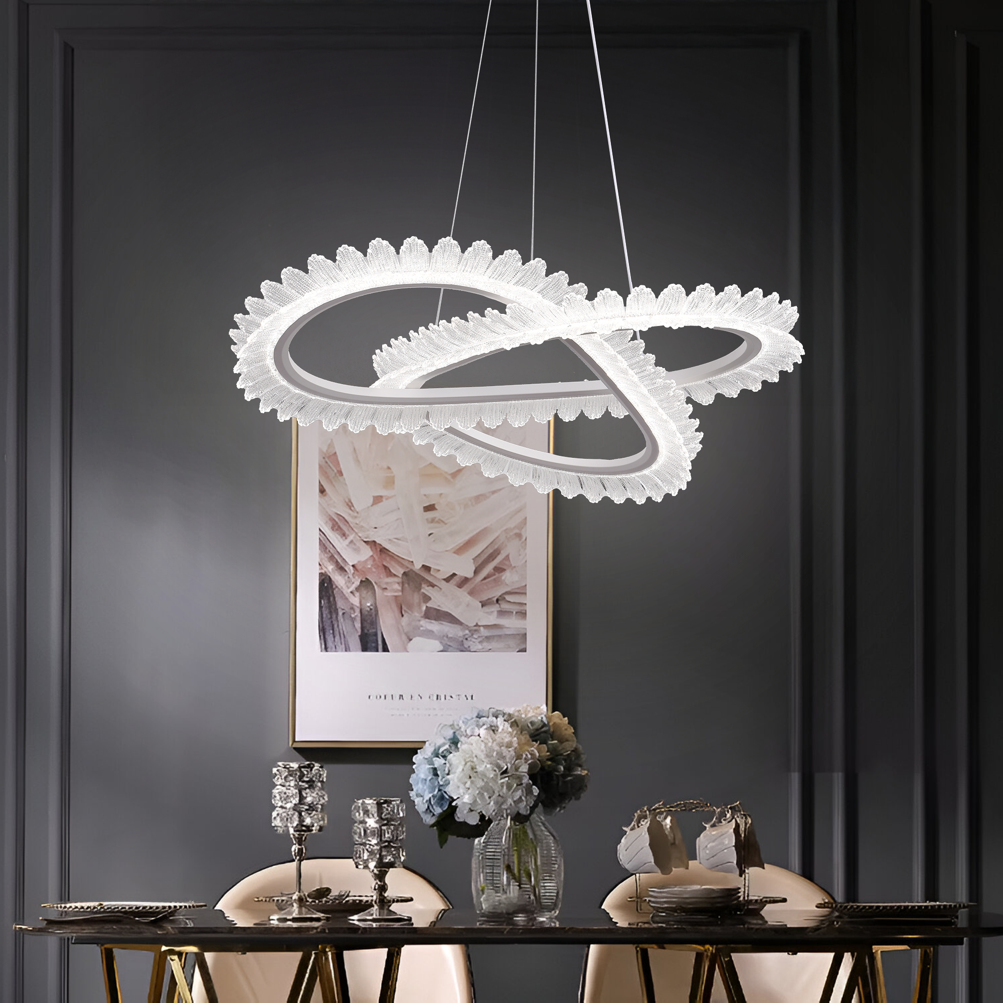 Lustra LED cu Telecomanda LT187WH, Cristal si Metal, 52W, Dimabila, Inaltime Reglabila, lumina Rece/Calda/Neutra, Iluminat Luxos - imagine 3