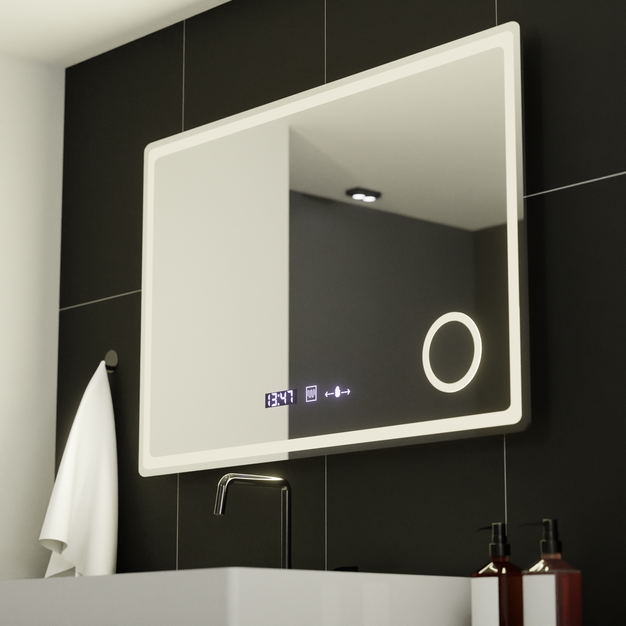 Oglinda LED Rectangulara, 90x60cm, Velour MotionGlow Marcello, Sistem Dezaburire, Ceas & Termometru, Lupa Cosmetica, Dimabila - imagine 4