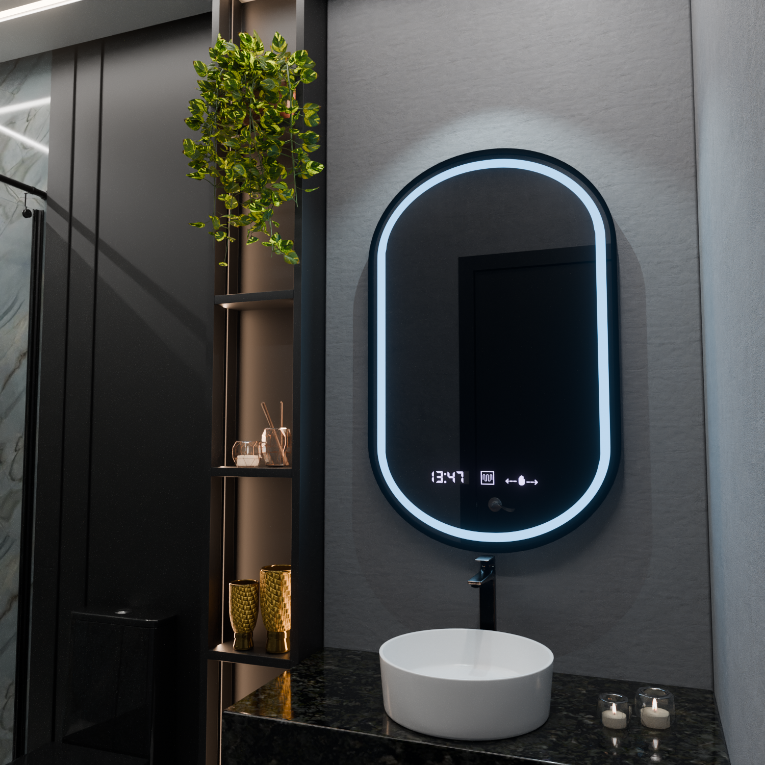 Oglinda LED Ovala, 50x90cm, Alessia MotionGlow Marcello, Sistem Dezaburire, Ceas & Termometru, Dimabila - imagine 4