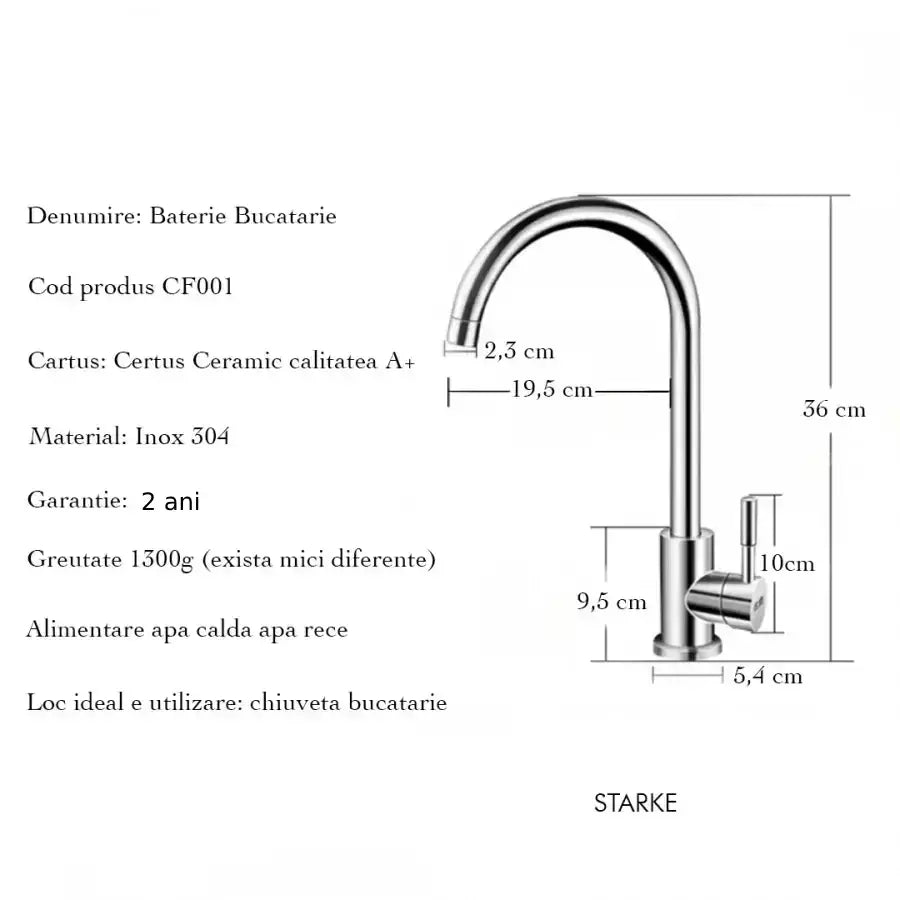 Baterie Bucatarie Monocomanda Pipa Pivotanta Cartus Ceramic Inox Satinat Racorduri Kit Fixare Incluse CF001 - imagine 3